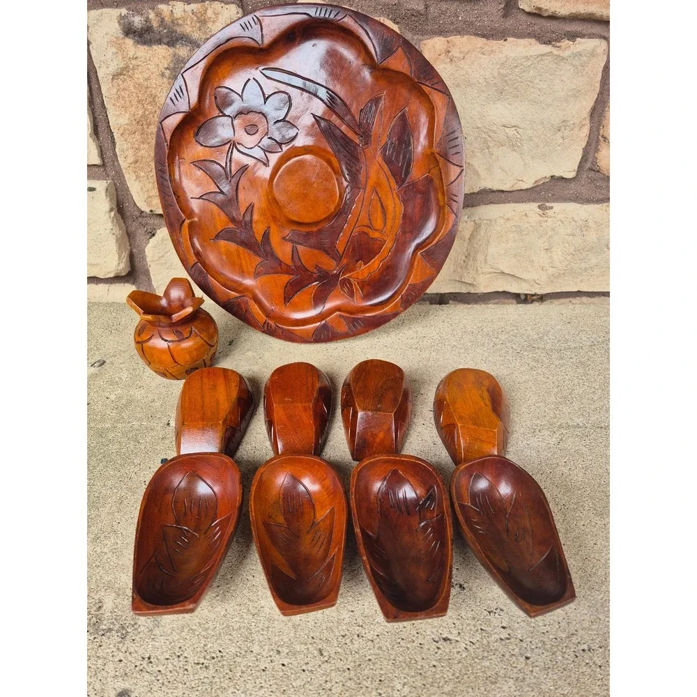 Vintage Hand Carved Wood Snack Serving‎ Set Tray Bowls Mid Century Boho