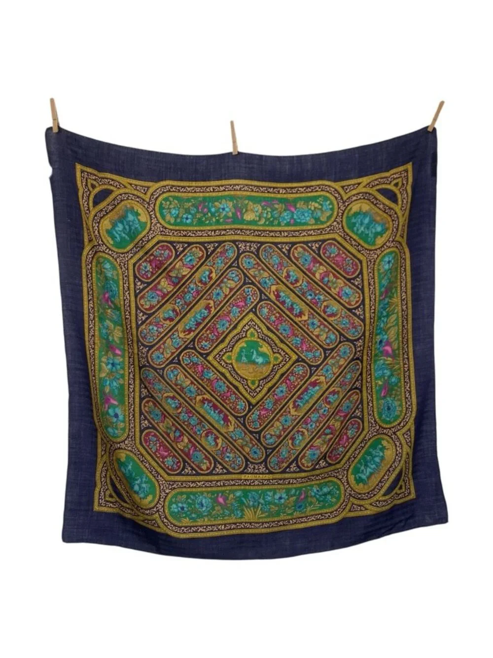 Hermes Qalamdan Carre 90 Navy Multicolor Silk Scarf