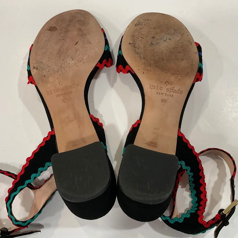 KATE SPADE Piedra Scallop Suede Block Heel Sandal Black/Multi Size 9