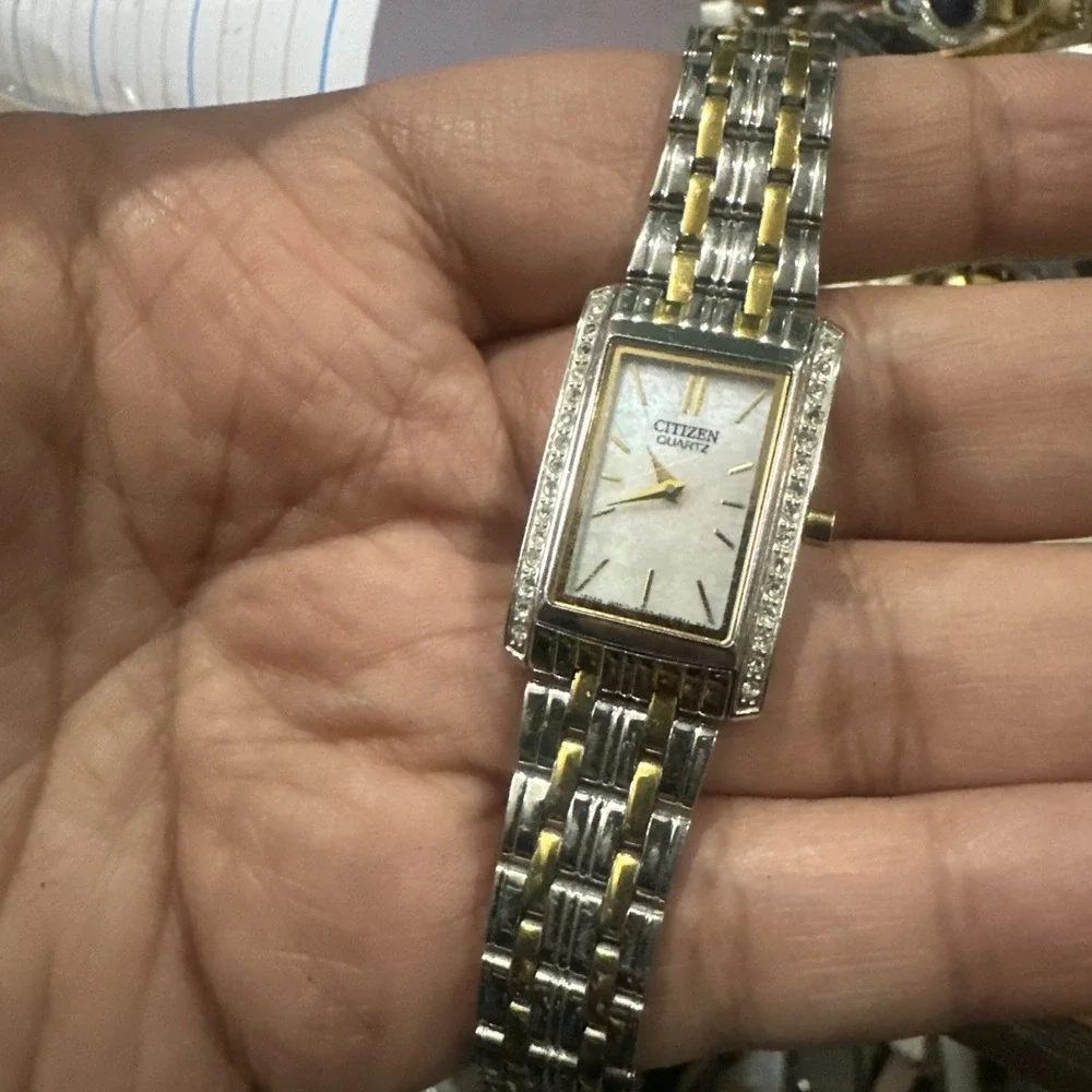 Works Citizen Crystals Mop Dial Quartz Two Tone Ladies Watch Dainty 19mm Fit 7