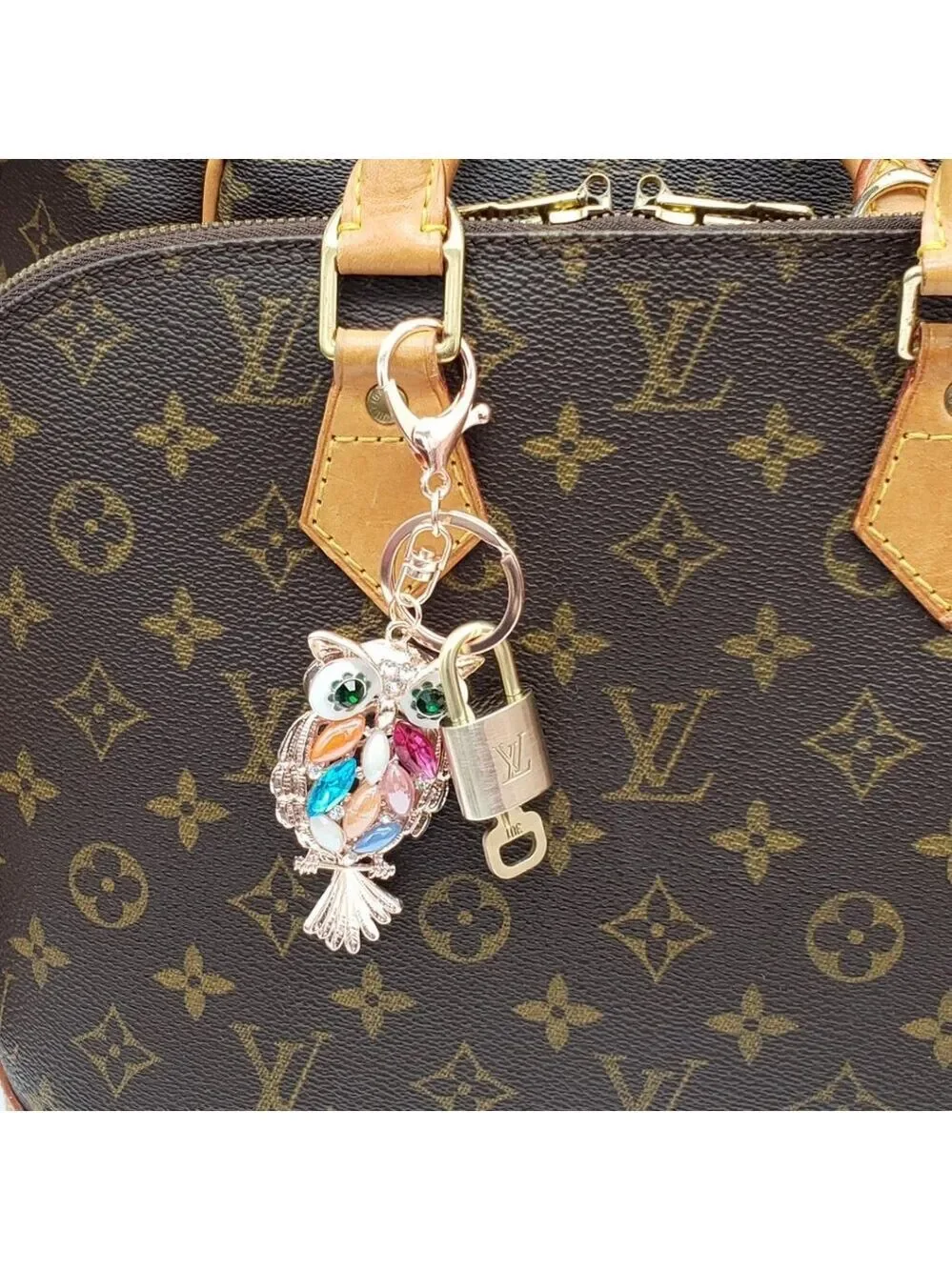 LV Authentic Gold Lock & Key 🔑 Luxury Bag Charm w/ Unbranded Owl Keychain