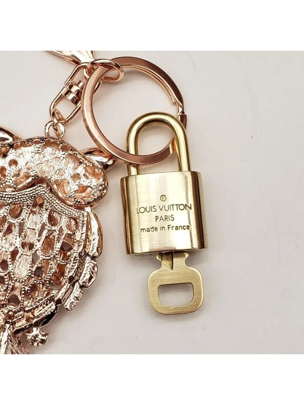 LV Authentic Gold Lock & Key 🔑 Luxury Bag Charm w/ Unbranded Owl Keychain