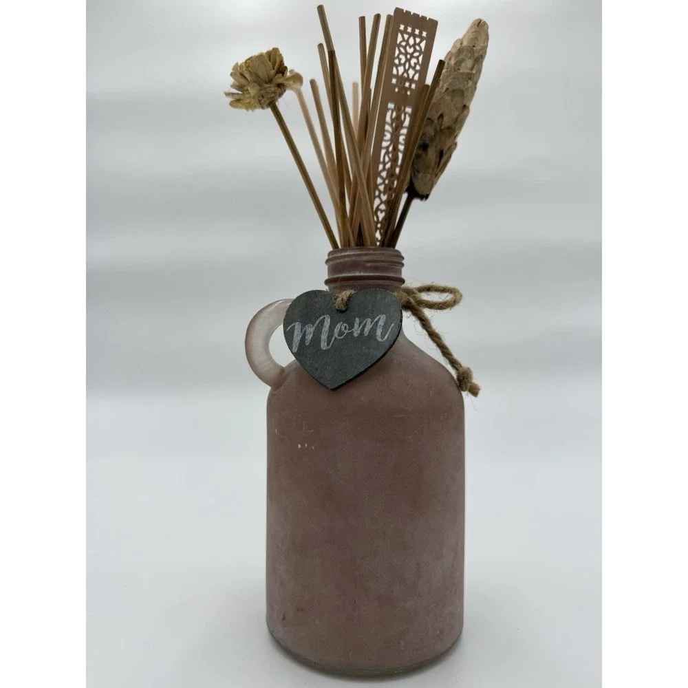 Pink Glass Reed Diffuser Bottle with Dried Flowers and 'Mom' Heart Tag, Handmade