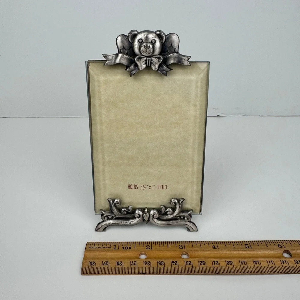 Vtg Tabletop Teddy Bear Angel‎ Ribbon Filigree Photo Pic Frame Pewter Metal READ