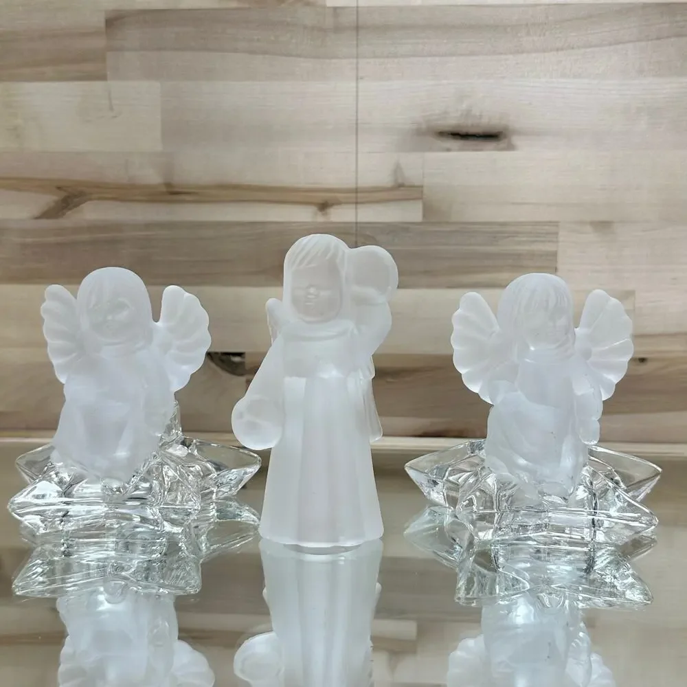 Beautiful set of 3 frosted glass angel‎ candle holders holidays Christmas angels