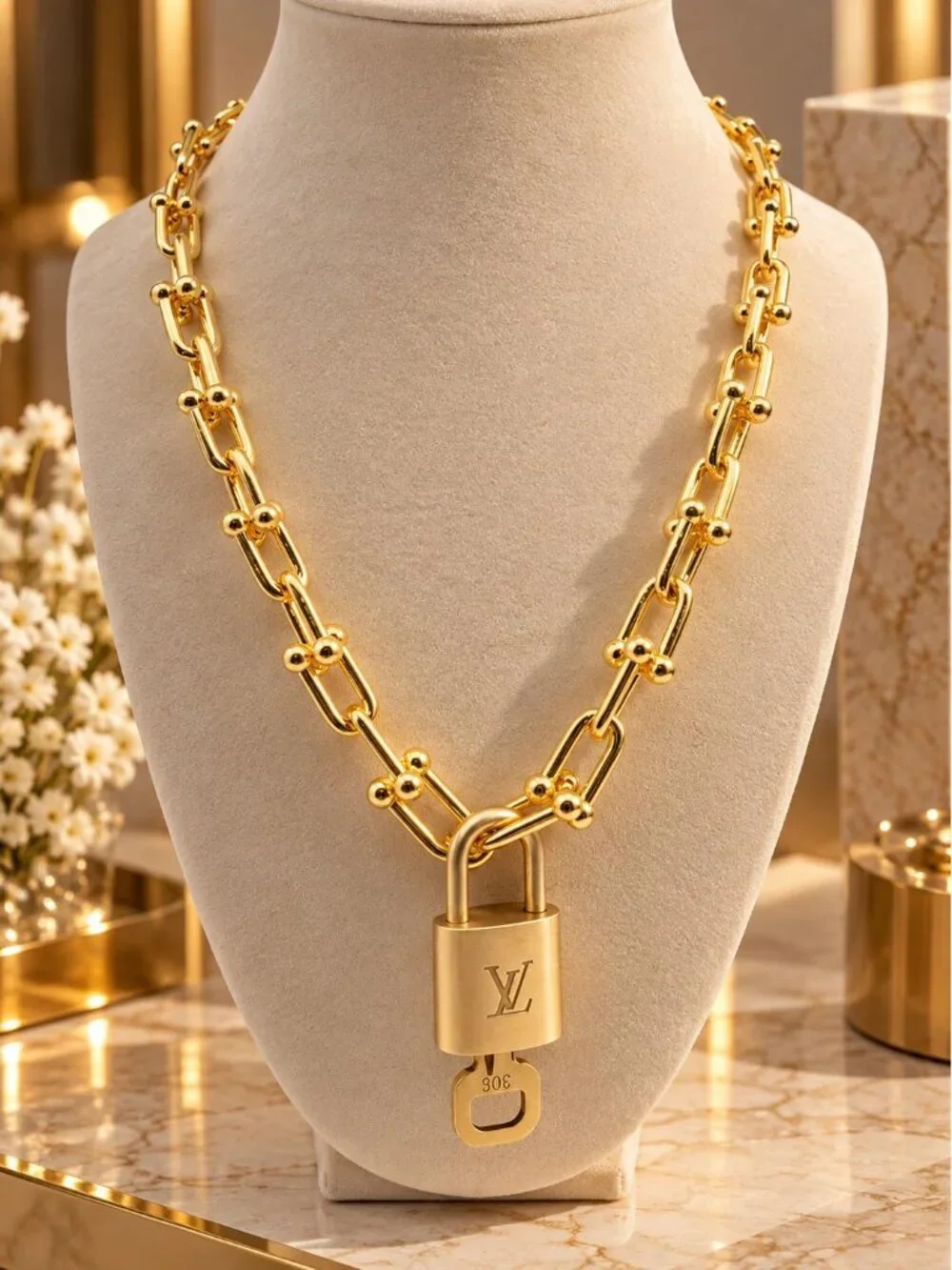 925 Pure Silver 18kPlated HorseShoe Chain w/Authentic Louis Vuitton Gold Padlock