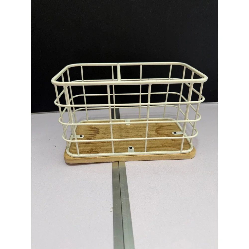 Small‎ White Coated Wire Storage Basket Wood Base Farmhouse Organizer