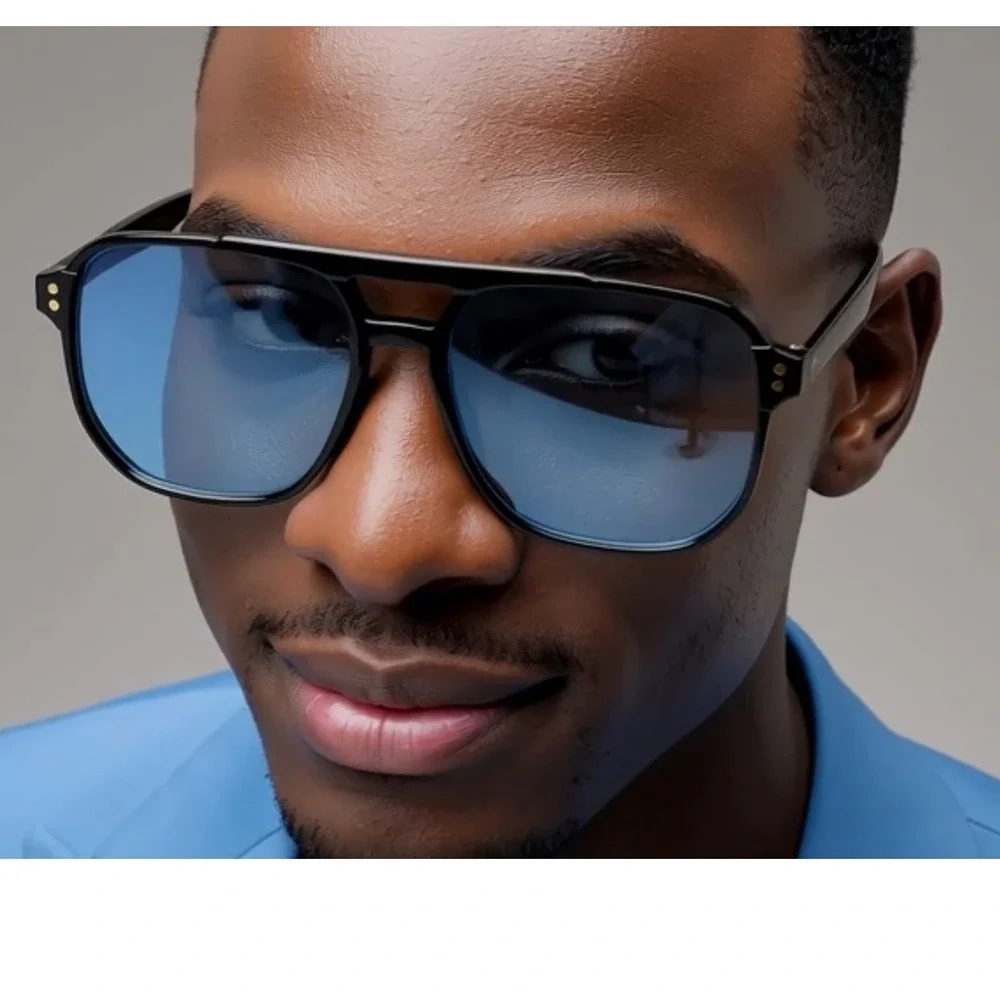 Men Sunglasses Blue Lens Pilot Style Retro Rectangular Outfit‎ Trendy Model 2026