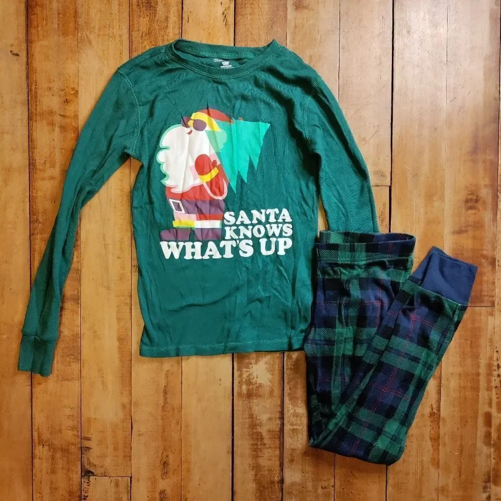 Old Navy pajamas set size 10 Christmas plaid Santa cotton unisex holiday green