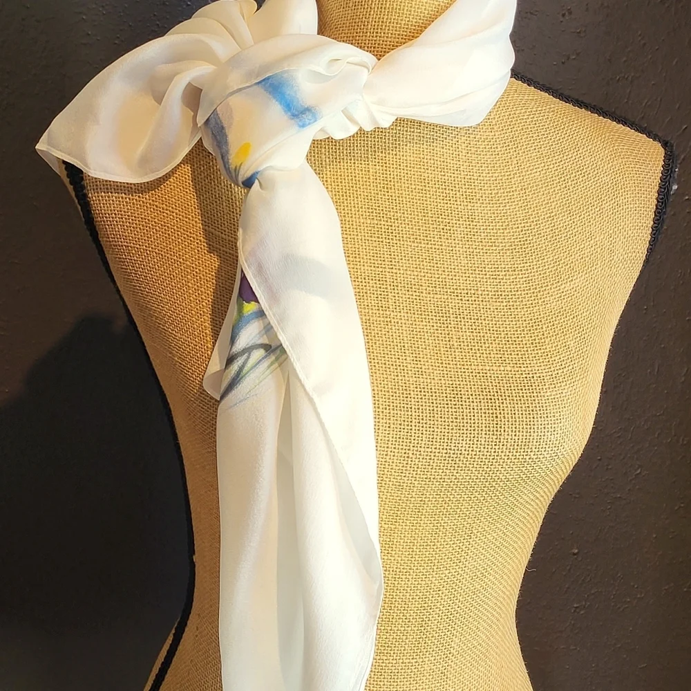 Unbranded White Silk Scarf/Wrap With A Watercolor Floral Design