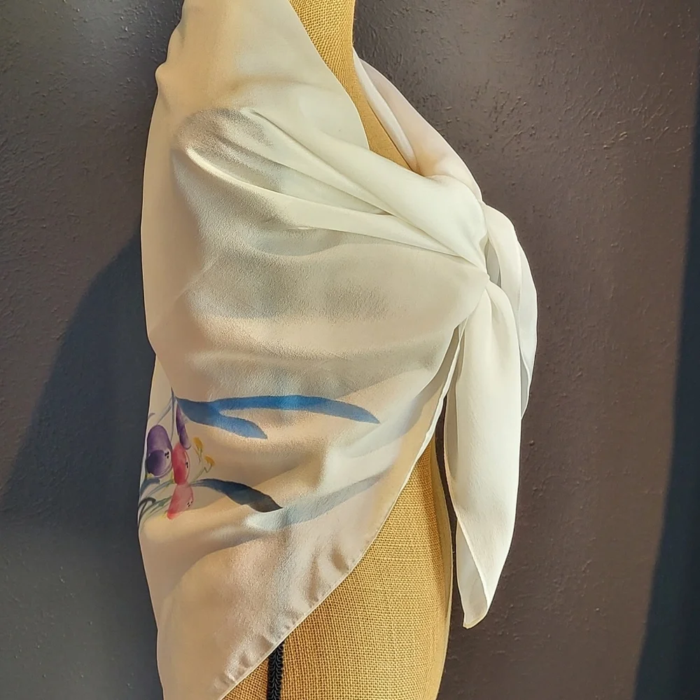 Unbranded White Silk Scarf/Wrap With A Watercolor Floral Design