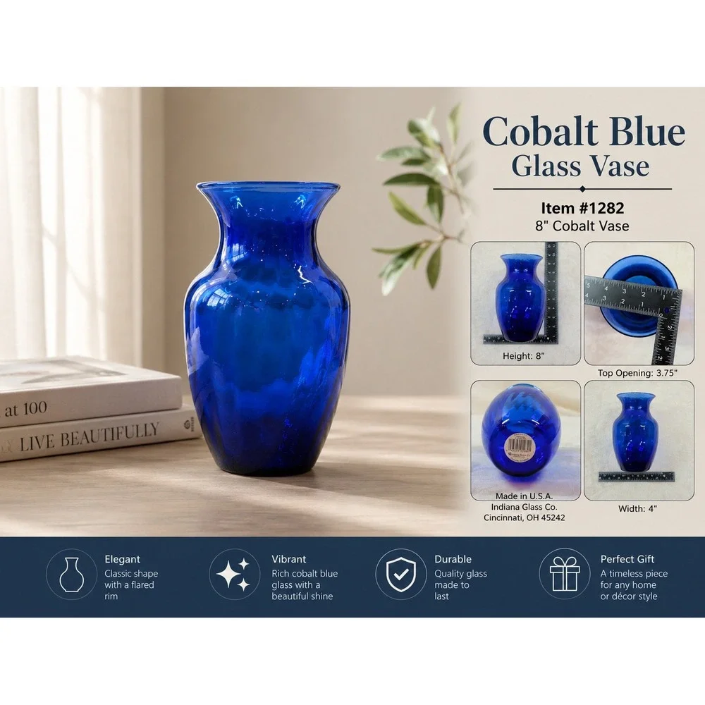 Indiana Glass Cobalt Blue Vase 8 Inch Optic Panel Flared‎ Rim 1282 Made in USA