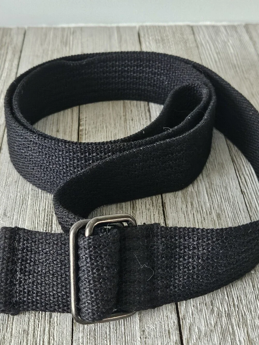 Black Woven Cotton Canvas Web Belt with Metal Double Ring Buckles .Measures 1.5