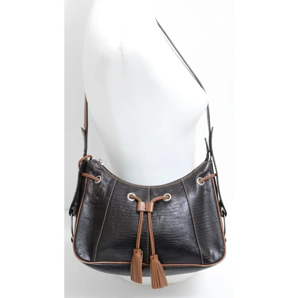 Sharif Studio Black Textured Leather Fringe Crossbody Satchel Handbag‎ Purse