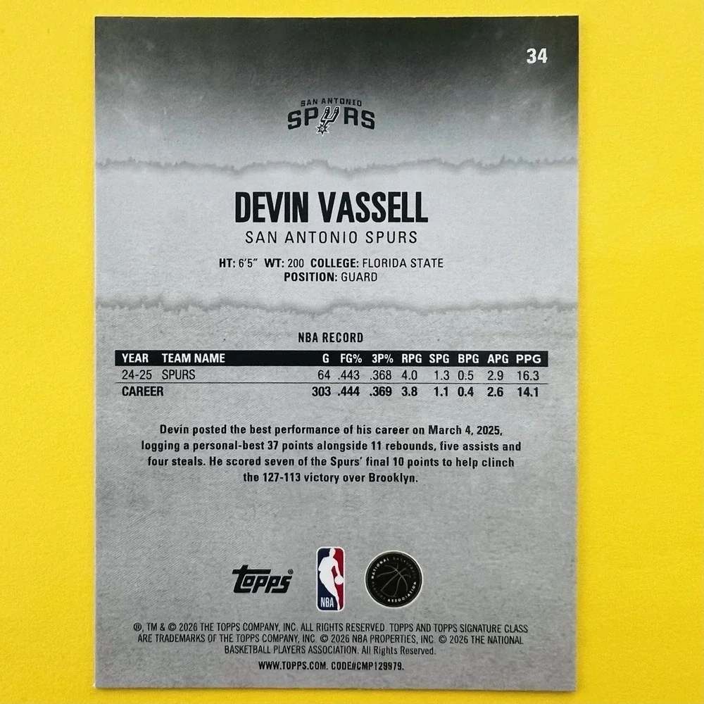 2025-26 Topps Signature Class Bronze Round 1 Pick Devin Vassell #34‎ Spurs