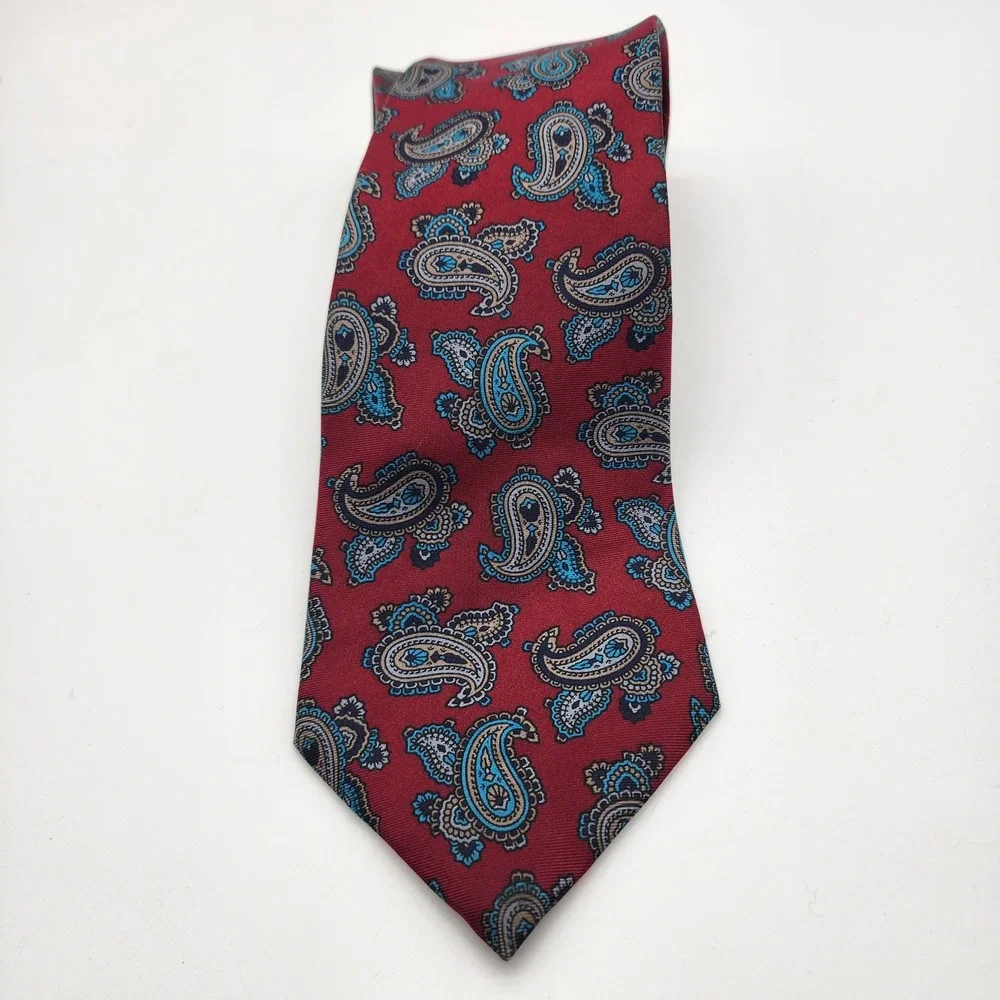 Oscar de la Renta Men's Necktie Burgundy Blue Paisley Print Dress Tie