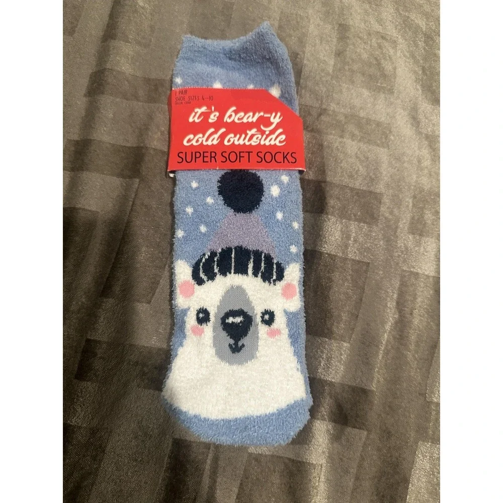 Polar Bear Super Soft Socks Womens Shoe 4-10 Blue Bear Fuzzy‎ Winter Cozy