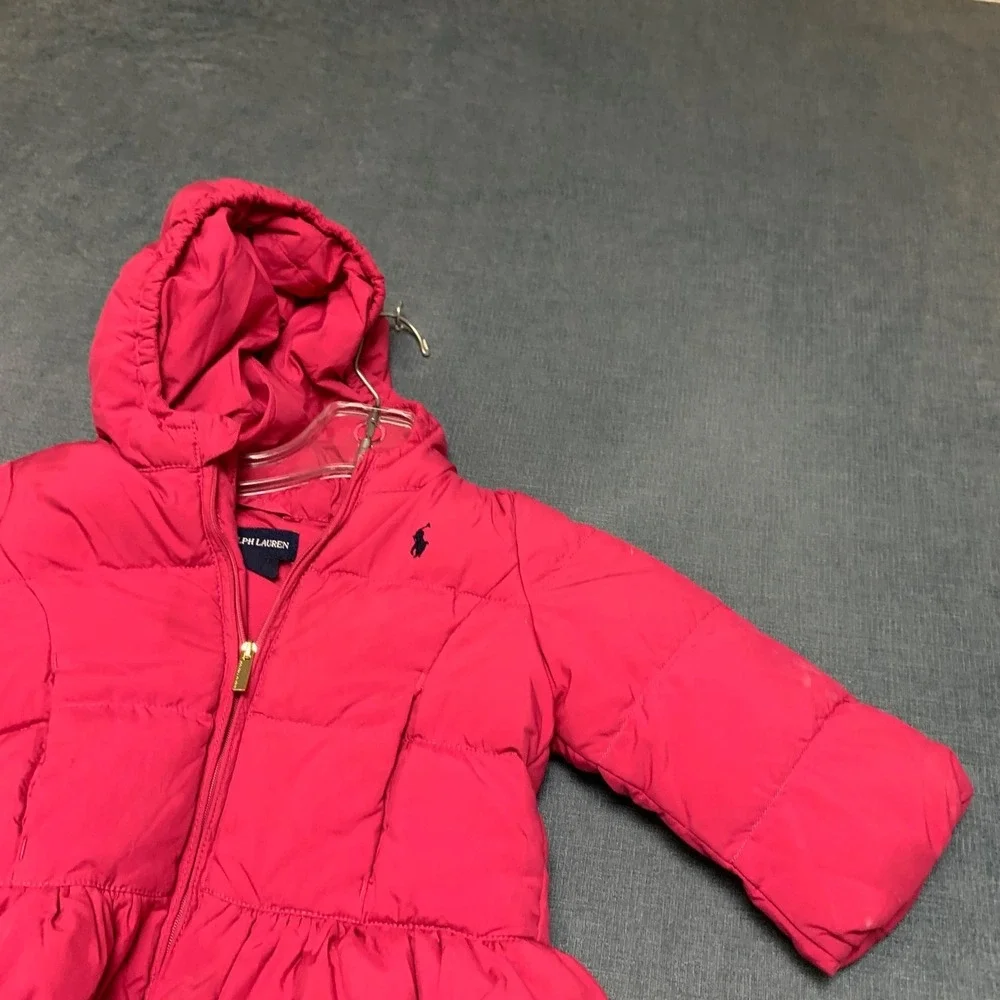 Ralph Lauren Puffer Jacket Girls 18M Pink Ruffle Hem Pony Logo Full‎ Zip Hooded
