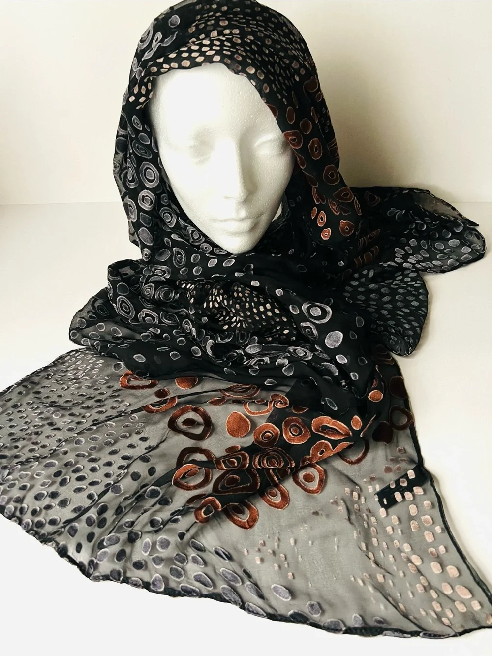 Cynthia Rowley Devore’ metallic copper pebble Sheer, black burnout Scarf