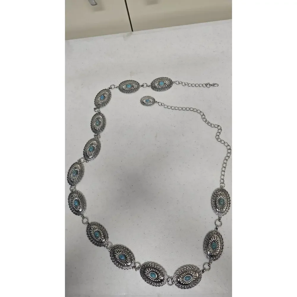 Beltiscool Women's Western Oval Turquoise Stone Concho Chain Belt
