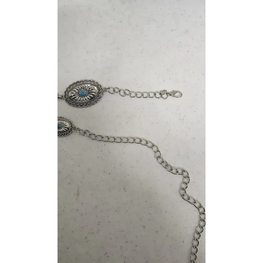 Beltiscool Women's Western Oval Turquoise Stone Concho Chain Belt