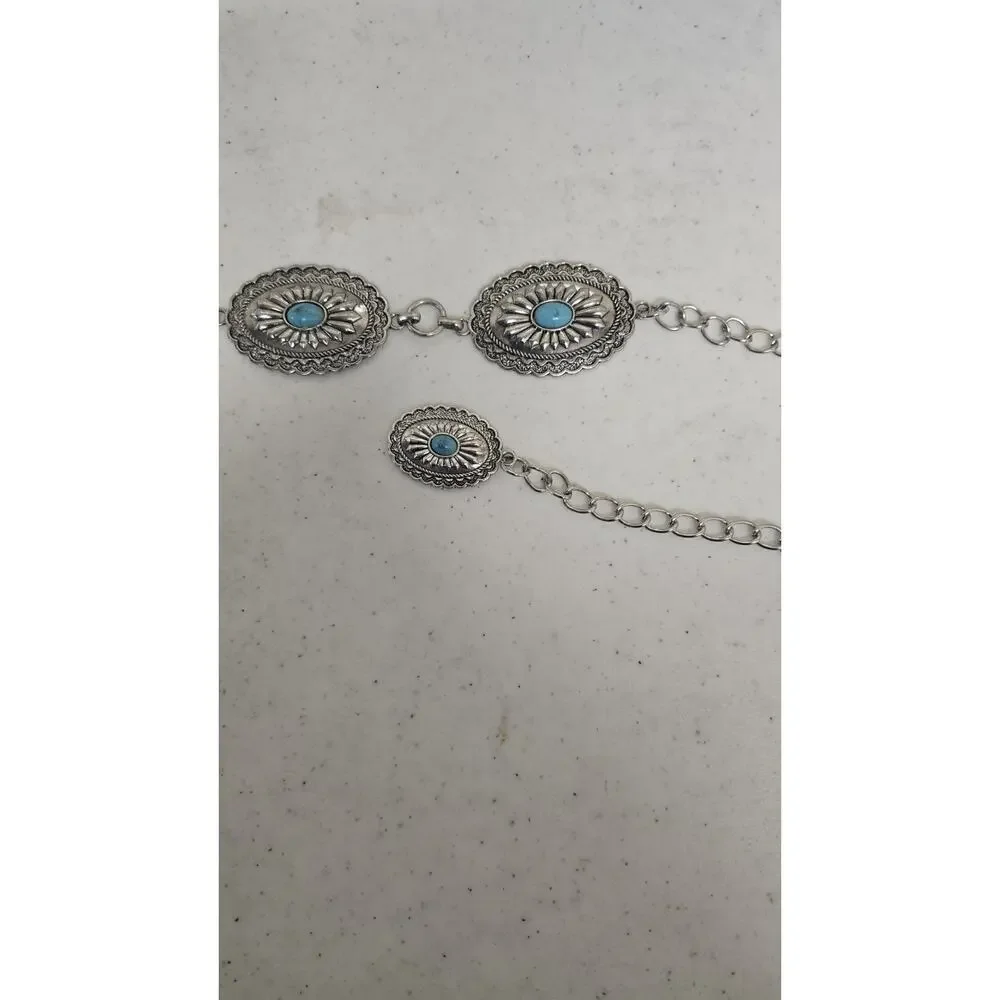 Beltiscool Women's Western Oval Turquoise Stone Concho Chain Belt