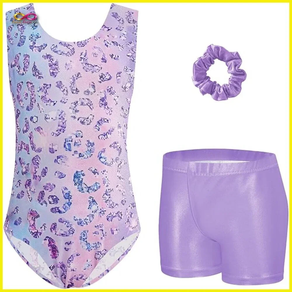 Sparkly Leopard Print‎ Gymnastics Leotard Set with Shorts and Scrunchie