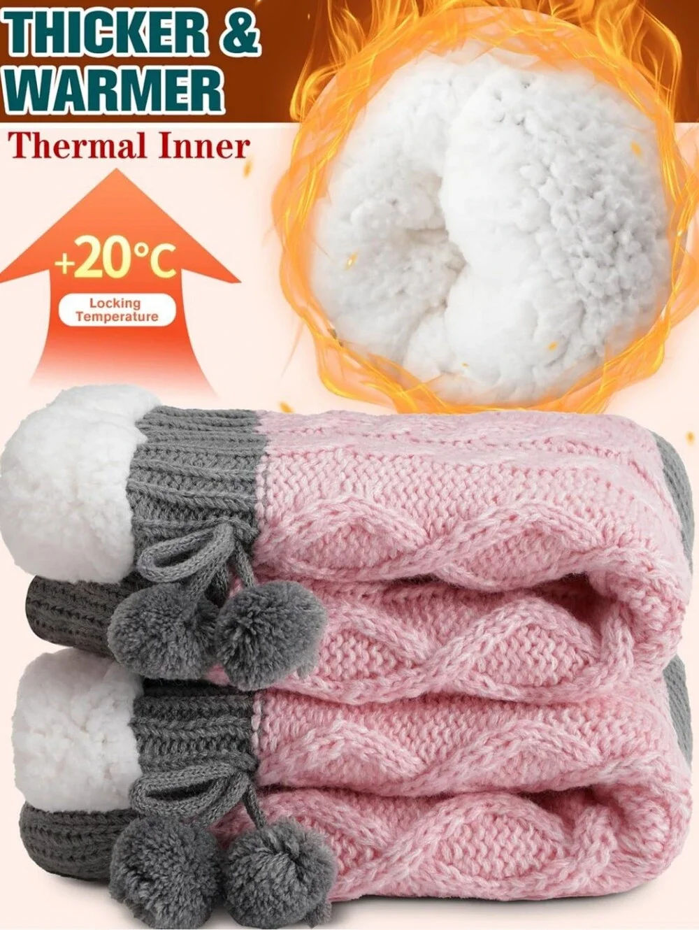 Cozy Cable Knit Fleece-Lined Women’s Slipper Socks - Pink & Gray