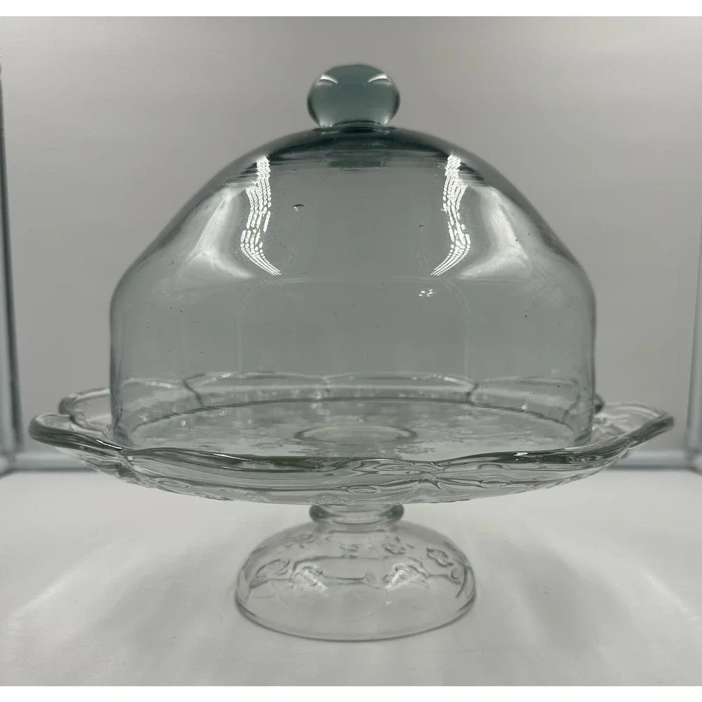 Vintage Pedestal Glass Cake Stand with Dome Holds 12