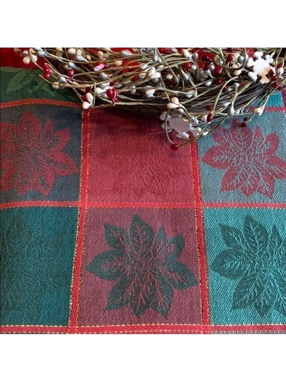 Poinsettia Plaid Tablecloth Red Green Floral Buffalo Check