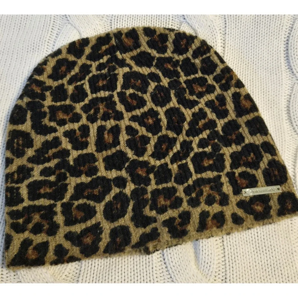 Michael Kors Leopard Print Knit Beanie‎ Hat Brown Black Acrylic Women's OSFA