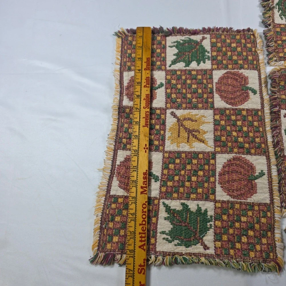 Set of 4 Fall Harvest Woven Tapestry Placemats Pumpkin Leaf Patchwork Fringed
