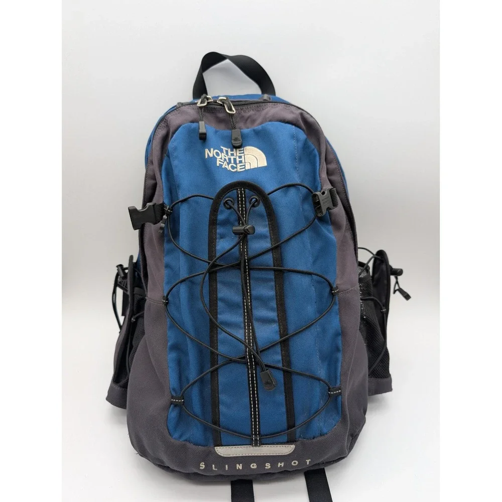 The North Face Slingshot Backpack Blue Grey Hiking Daypack Bungee Cord