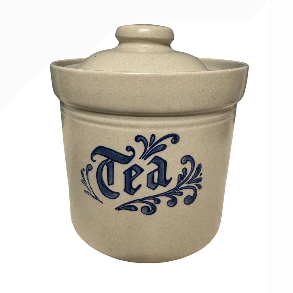 Pfaltzgraff Heritage Tea Canister 1 Qt Blue Script‎ Stoneware Jar w/ Lid 509 USA