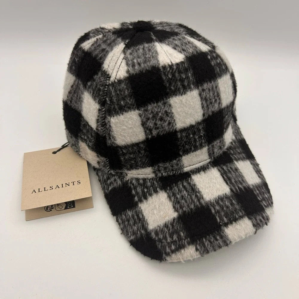 Allsaints Black/White Tweed Check Plaid Adjustable Baseball Cap Authentic NWT