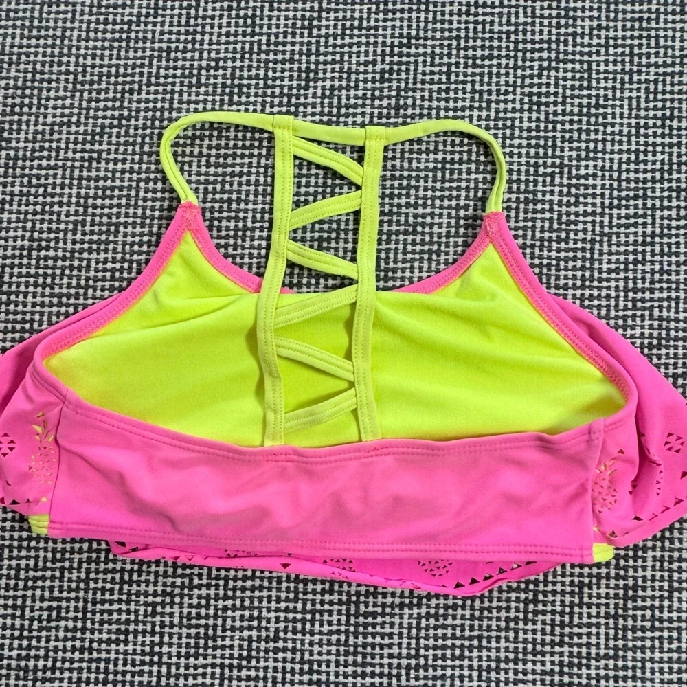 Girls Youth Pink Neon Green Pineapple Laser Cut Flounce Bikini Top Strappy Back