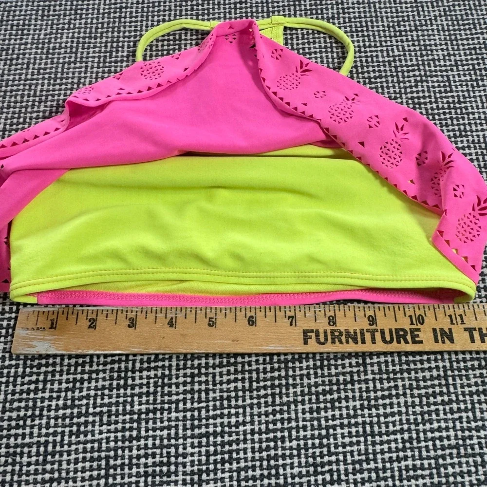 Girls Youth Pink Neon Green Pineapple Laser Cut Flounce Bikini Top Strappy Back