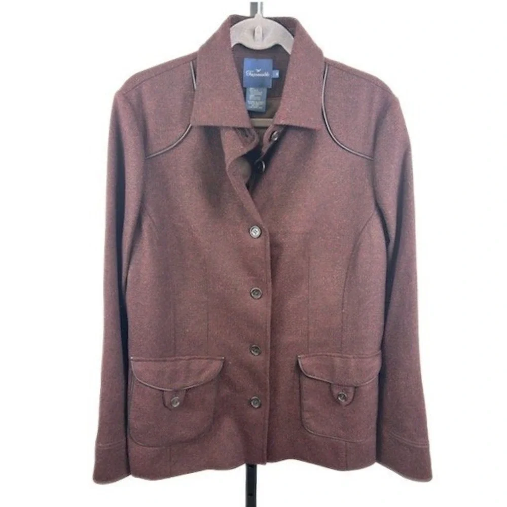 Faconnable Blazer‎ Men's XL Burgundy Wool Blend Jacket Leather Trim Button Front