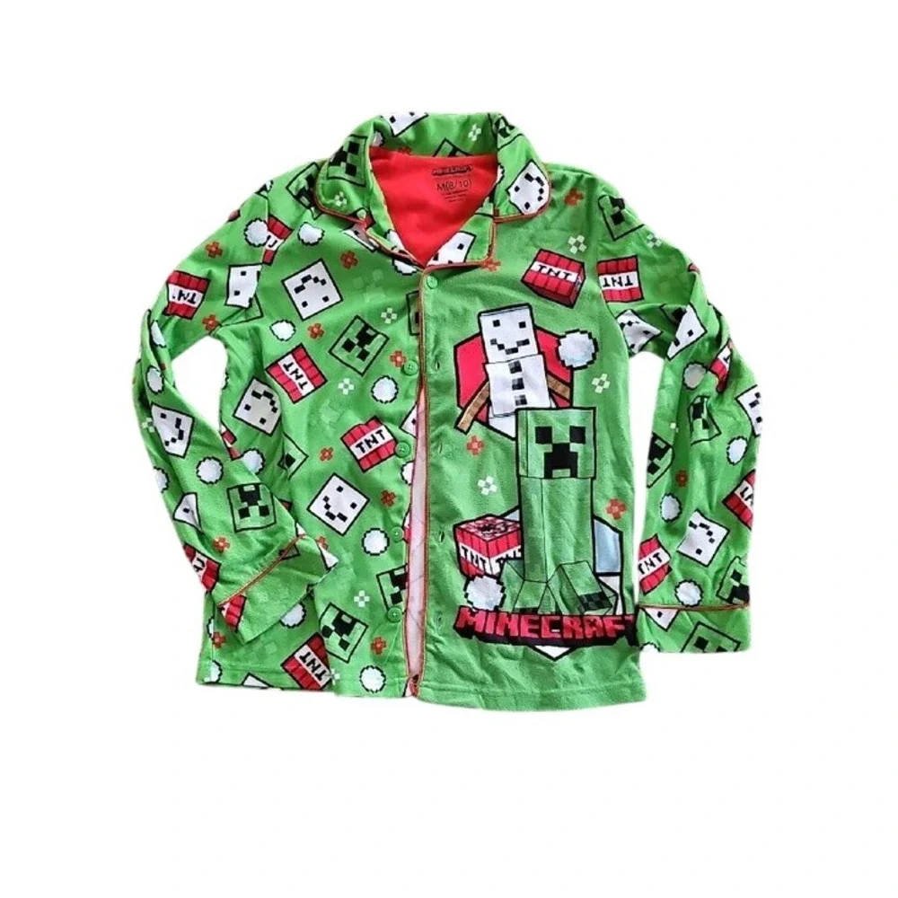Minecraft Creeper TNT Fleece Pajama Set Gamer Sleepwear Kids Size M 8/10 Green