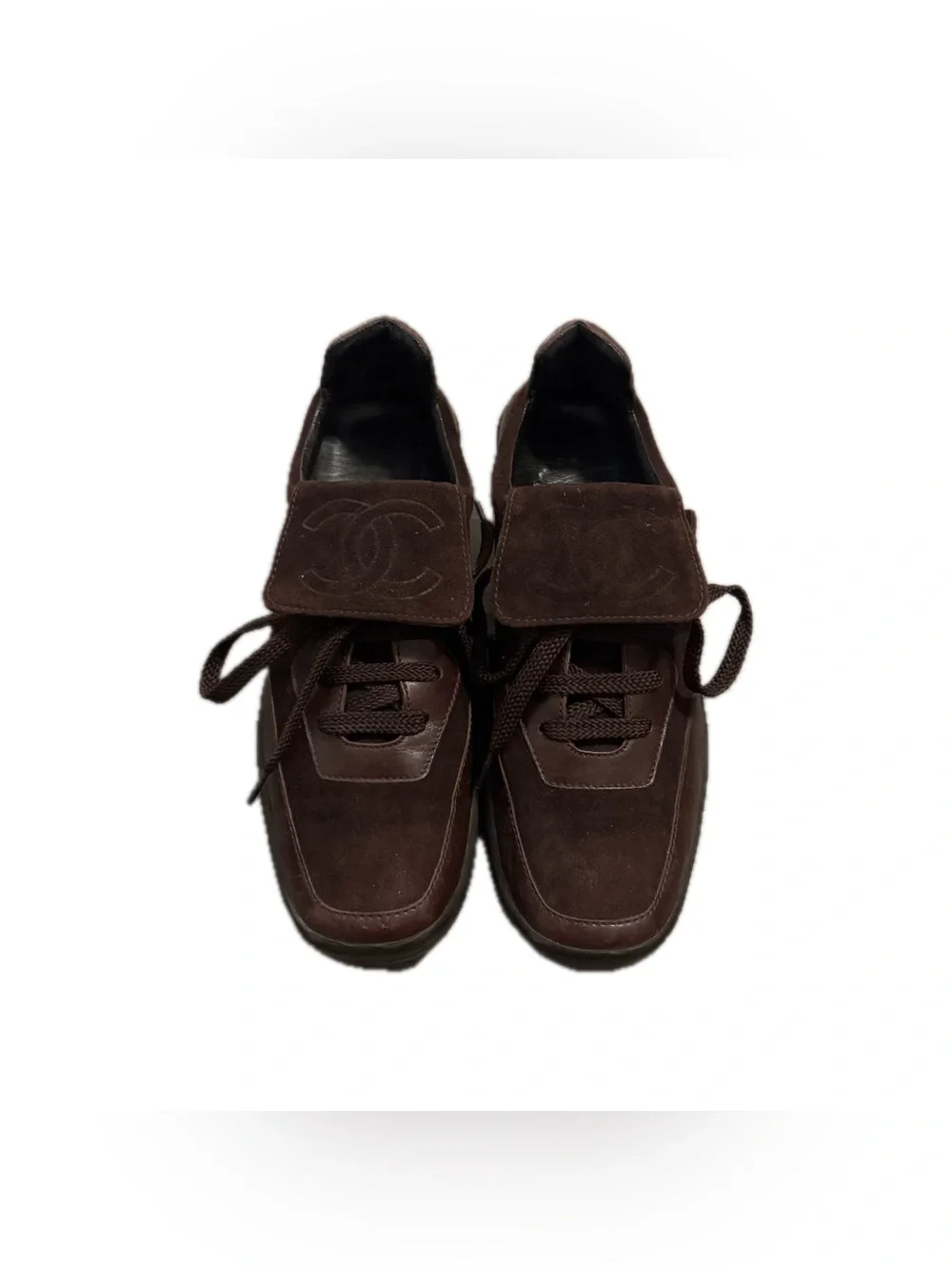 CHANEL Brown Suede Leather Lace-Up Sneakers Logo Accents Men EU 35