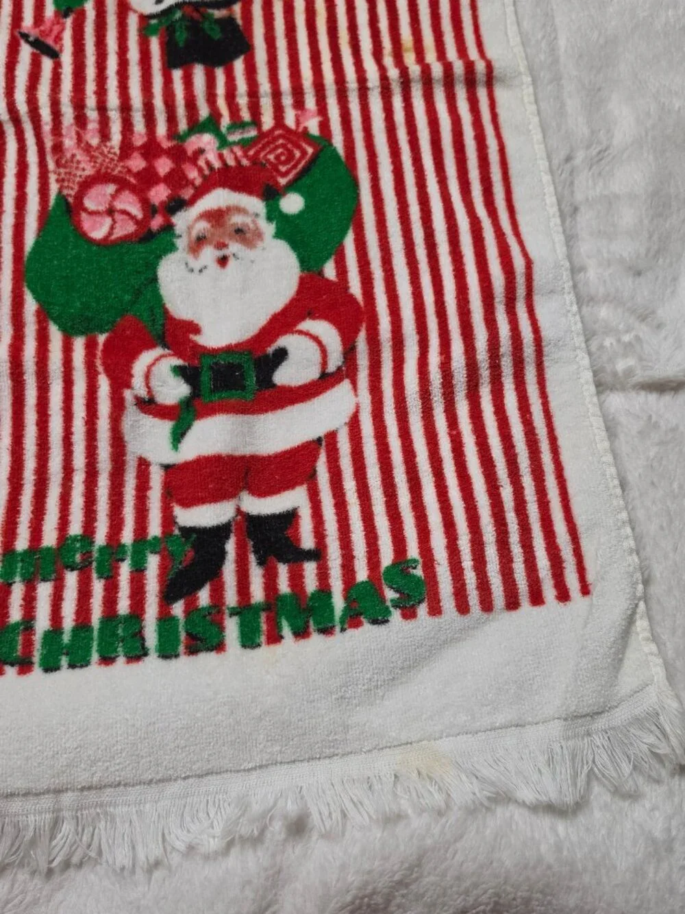 Vtg 70s Royal Terry Christmas New Years Hand Towel Santa Snowman Candy Stripe