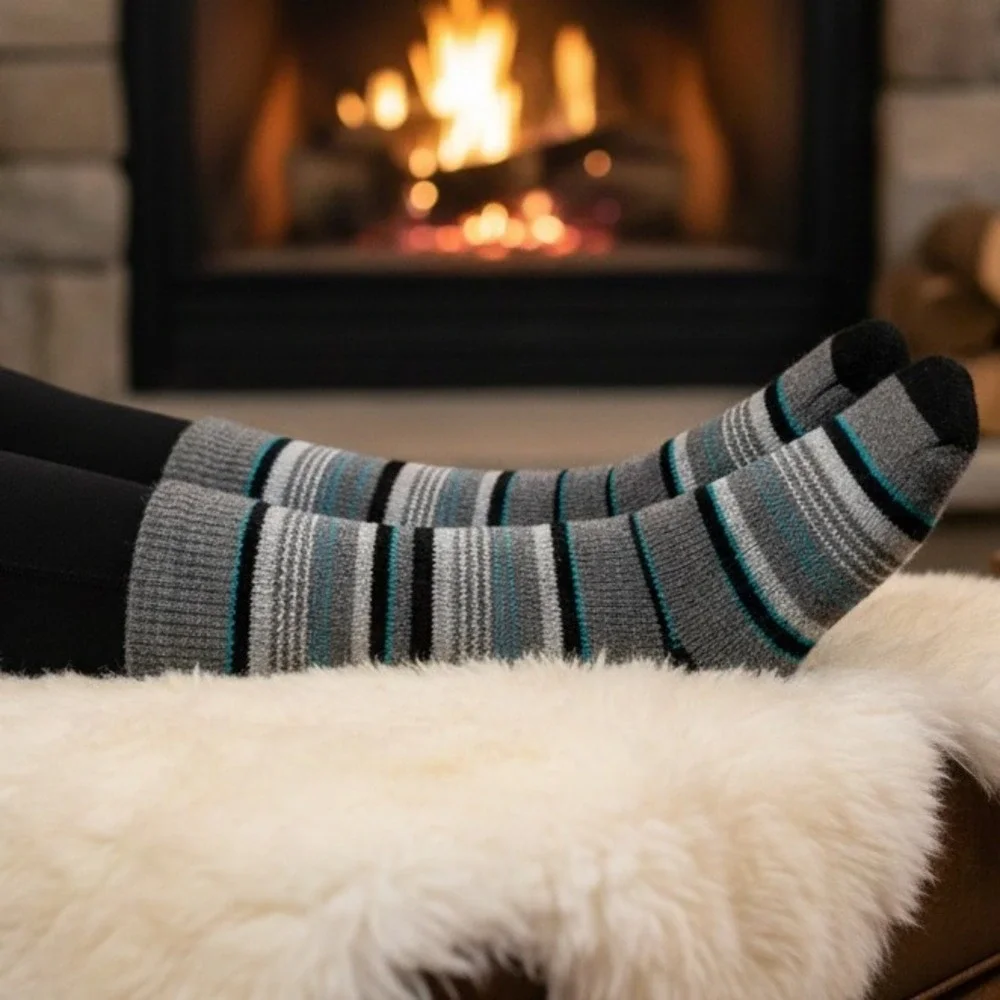 Escape Heat Insulated Thermal Socks Women 9 11 Gray Black Aqua‎ Stripe Cozy Warm