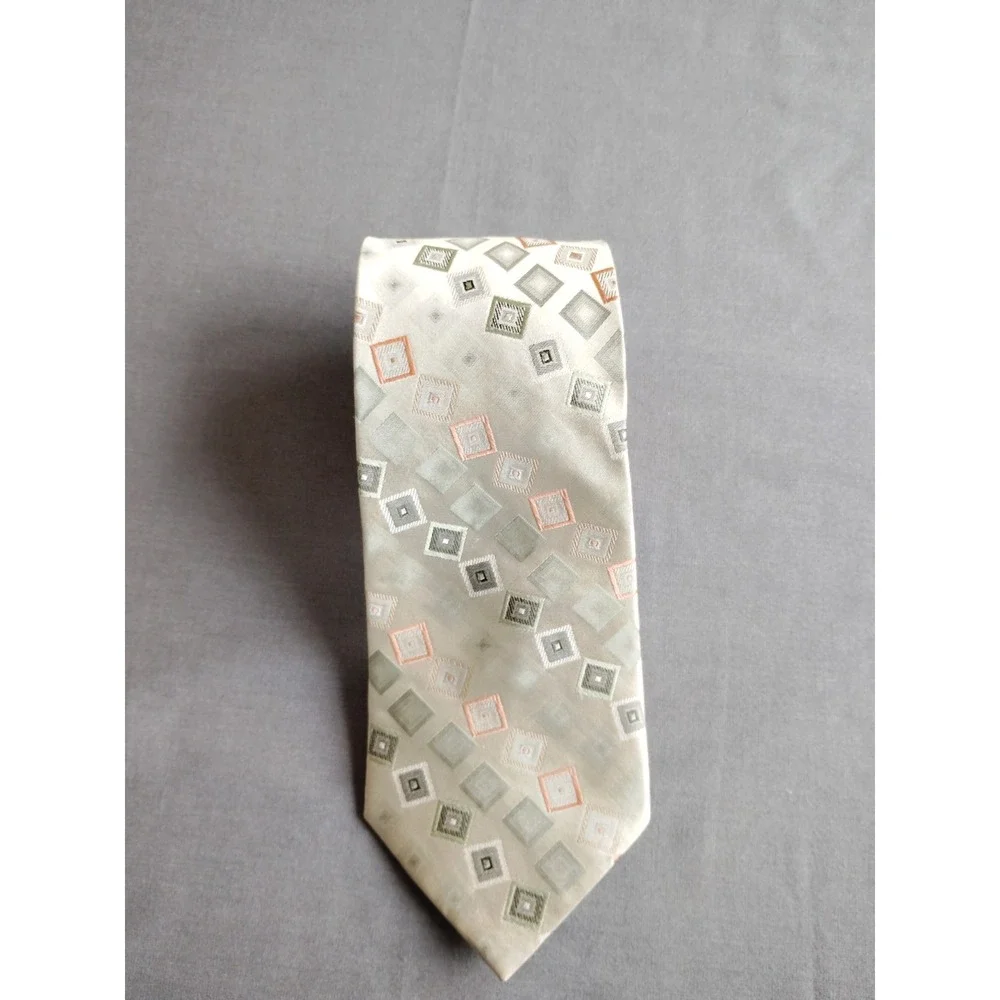 STACY ADAMS Men 100% Silk Hand Made Green Orange Geometric Diamond‎ Necktie 57