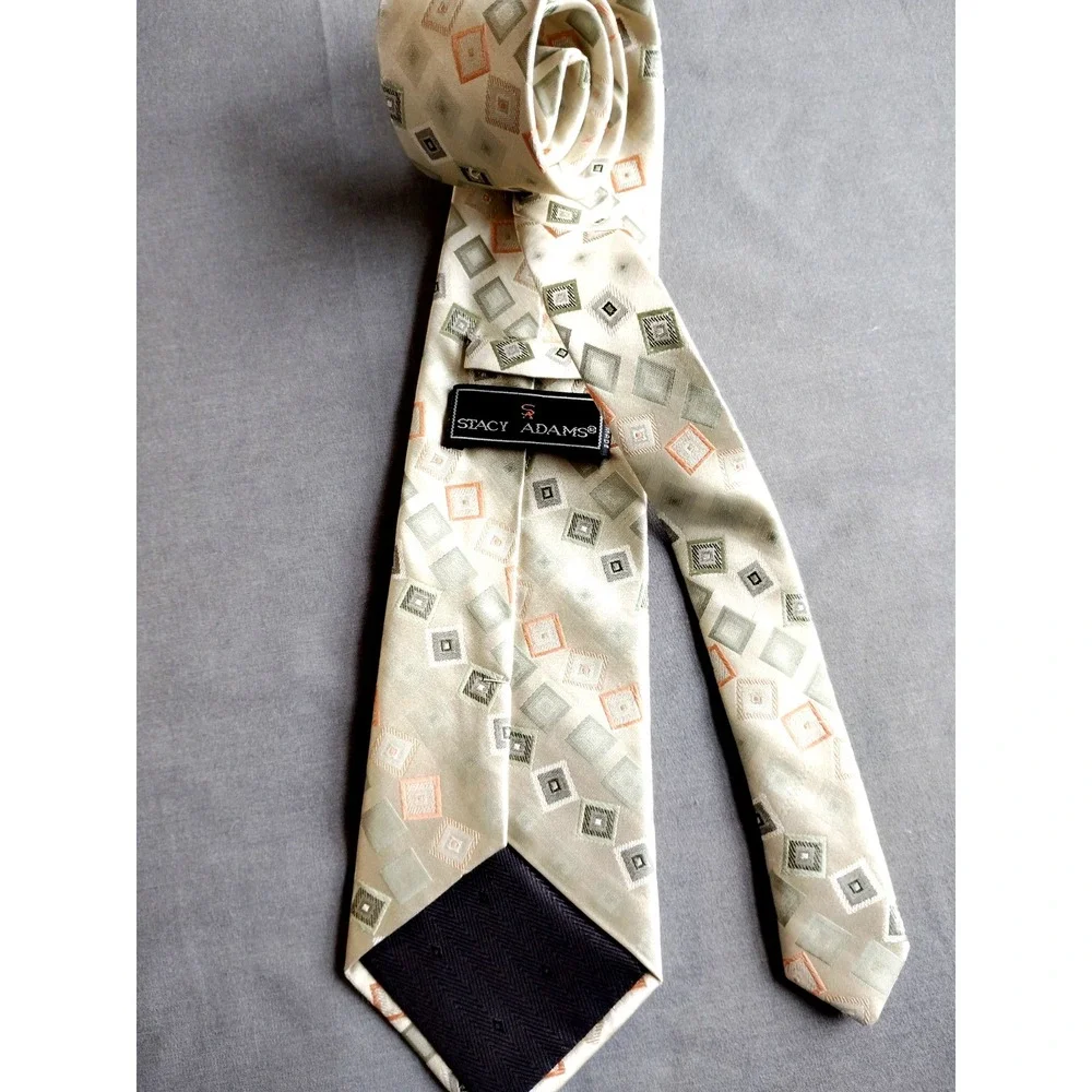 STACY ADAMS Men 100% Silk Hand Made Green Orange Geometric Diamond‎ Necktie 57