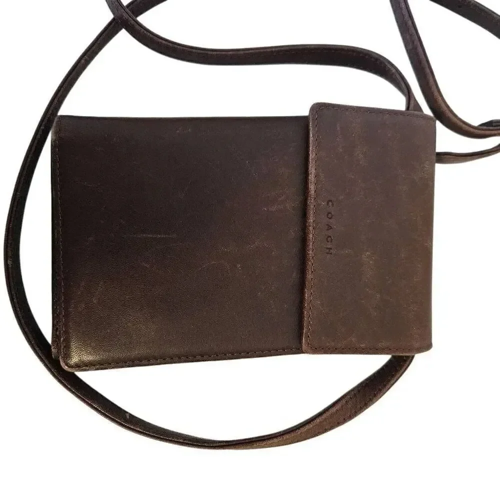 Vintage Coach crossbody wallet, brown leather.
