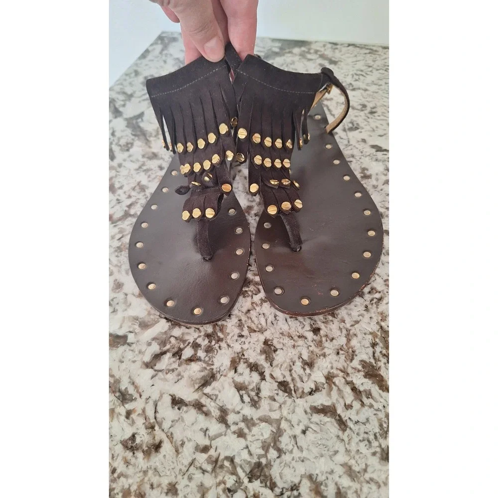 Tory Burch Brown Leather Fringe Studded Thong Sandals Gold Hardware 7.5M