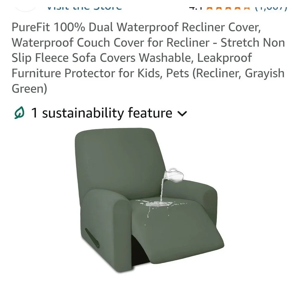PureFit Grayish Green Waterproof Fleece Non Slip Recliner Cover Protector‎