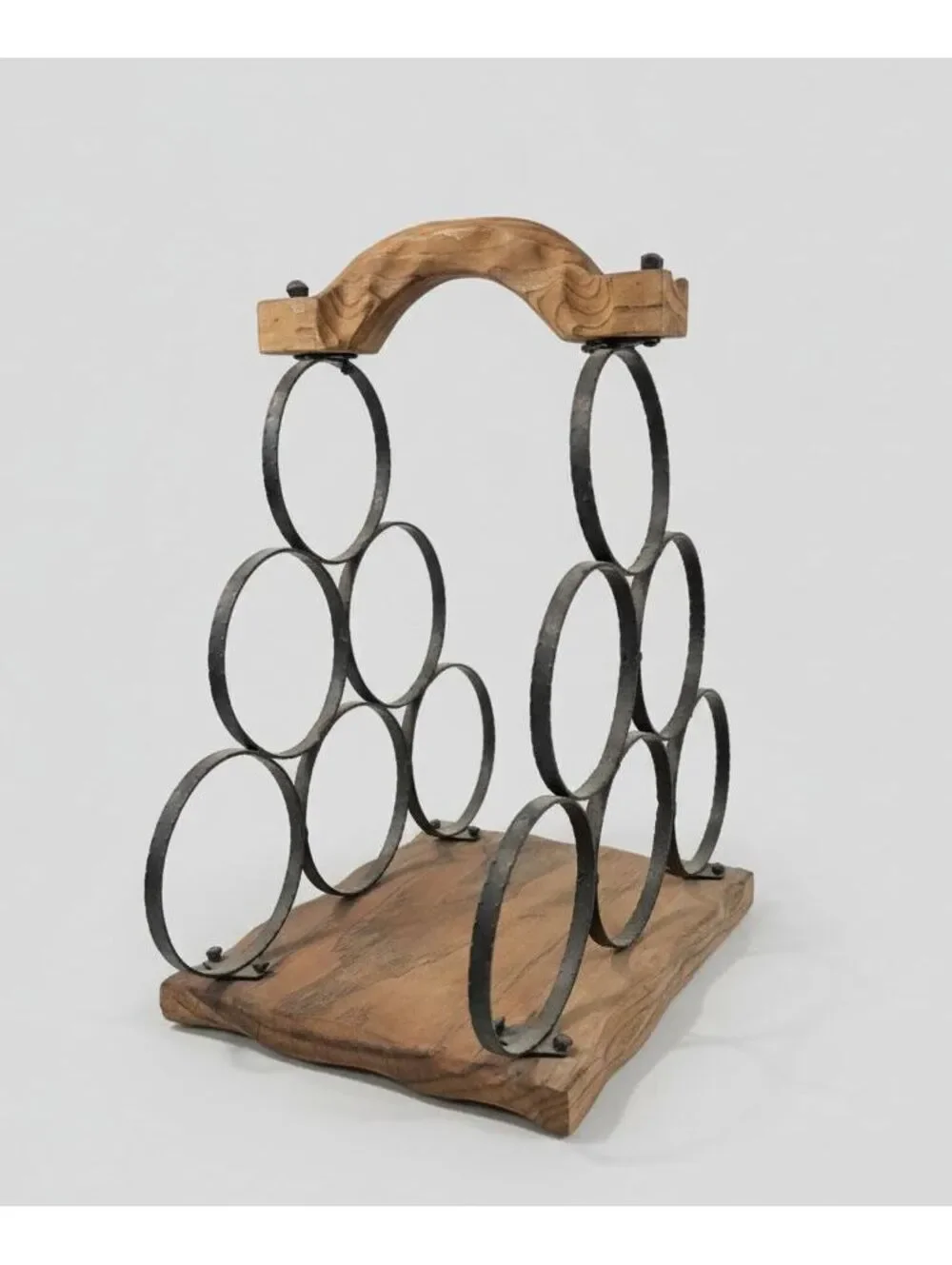 Vintage Rustic Wood & Black Iron Tabletop 6 Bottle Handled Wine Rack 7.5