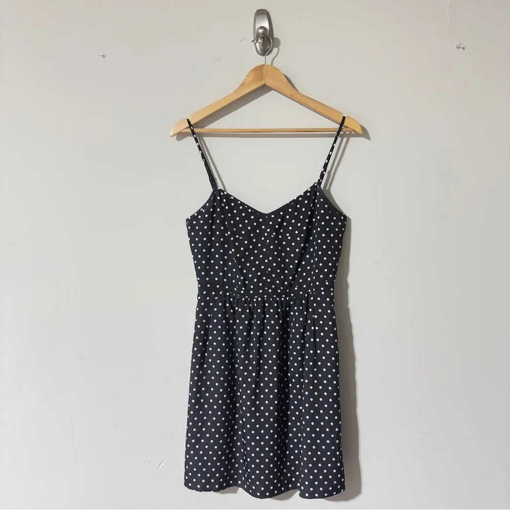 👉 J Crew Polka Dot Silk Cami Mini Dress 2 Pockets Size 6 Black White Fit & Flare