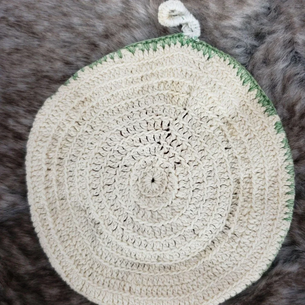 Handmade Round Crochet Pot Holder With Rose Design - Red Green & Cream Colors Pe